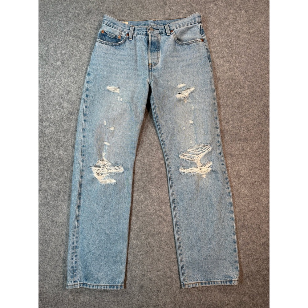 Levis Premium 501 Original Fit Distressed Light Wash Jeans Mens 27x30 Button Fly